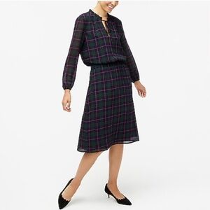 J.Crew Long Sleeve Plaid Tie-Neck Green & Purple Dress